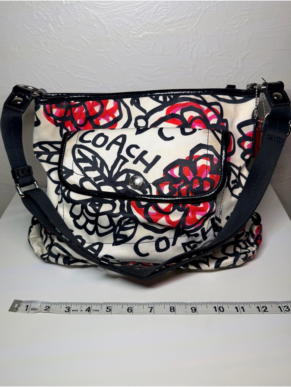 Coach Floral Canvas Shoulder Bag in Cream, Black & Red
